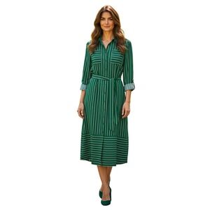 Warehouse Green White Striped Midi Shirt Dress Womens Office Church Belted SZ 10